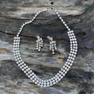 Vintage 1950s Rhodium Silver & Crystal Rhinestone Choker Necklace & Earring Set